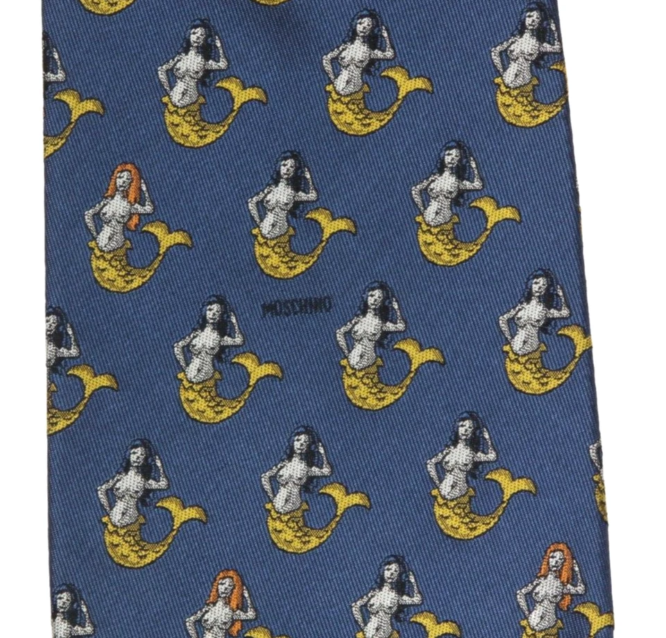 Corbata de cuello de seda azul brillante MOSCHINO vintage Sirenas del Mar para hombre Foto 3 de 4
