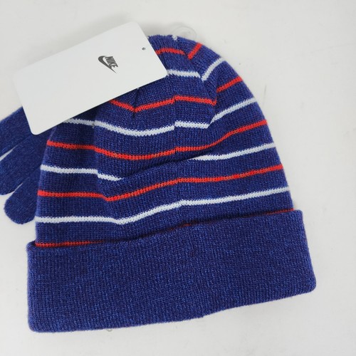 Nike Beanie & Glove Set Blue Unisex Striped 2 Piece 8/20 Logo Streetwear Winter - Picture 7 of 9