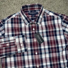 Mizzen+ Main Leeward Antimicrobial Dress Shirt Dark Red Plaid Size M Trim NEW