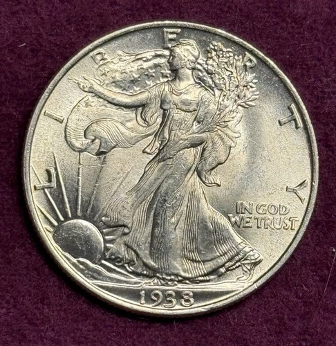 Lustrous Mint State 1938-P Walking Liberty Silver Half Dollar, Orig Uncirculated