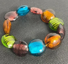 Vintage Murano Style Glass Bead Bracelet Multicolor Foil Lampwork 