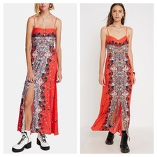Free People Red Floral Maxi Dress XS Morning Song Printed Button Lace 