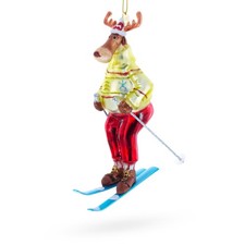 Festive Reindeer Skiing Blown Glass Ornament