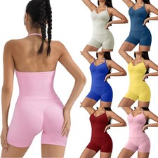 Women Workout 2PCS Set Impact Longline Halter Tops Compression Gym Biker Shorts