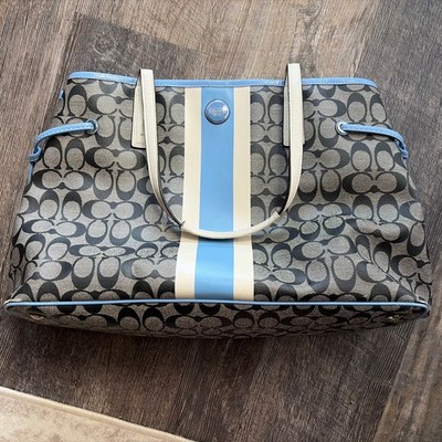 Coach Large Coated Canvas Tote Bag With Blue & Cream Leather Trim Silver accents