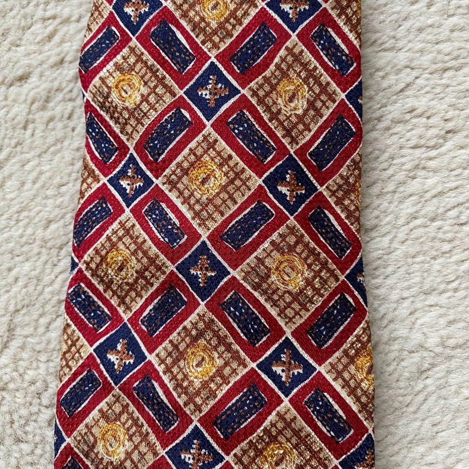 Corbata De Seda 100% JAEGER Roja Dorada A Cuadros Diseñador Hecha En Italia - Imagen 4 de 4