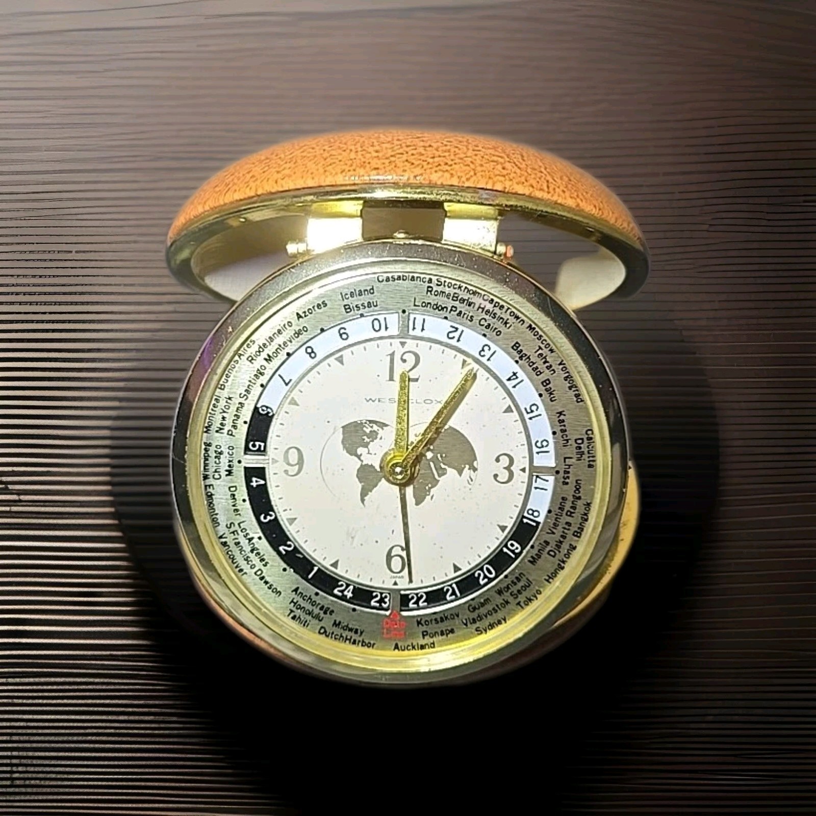 VINTAGE Westclox Round World Travel Folding Alarm Clock, Made in Japan, 2 3/4" D