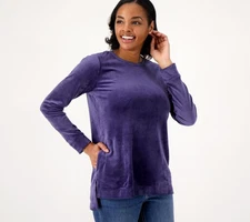 Denim & Co. Women's Top Petite PL Printed Velour Pullover with Blue A550322