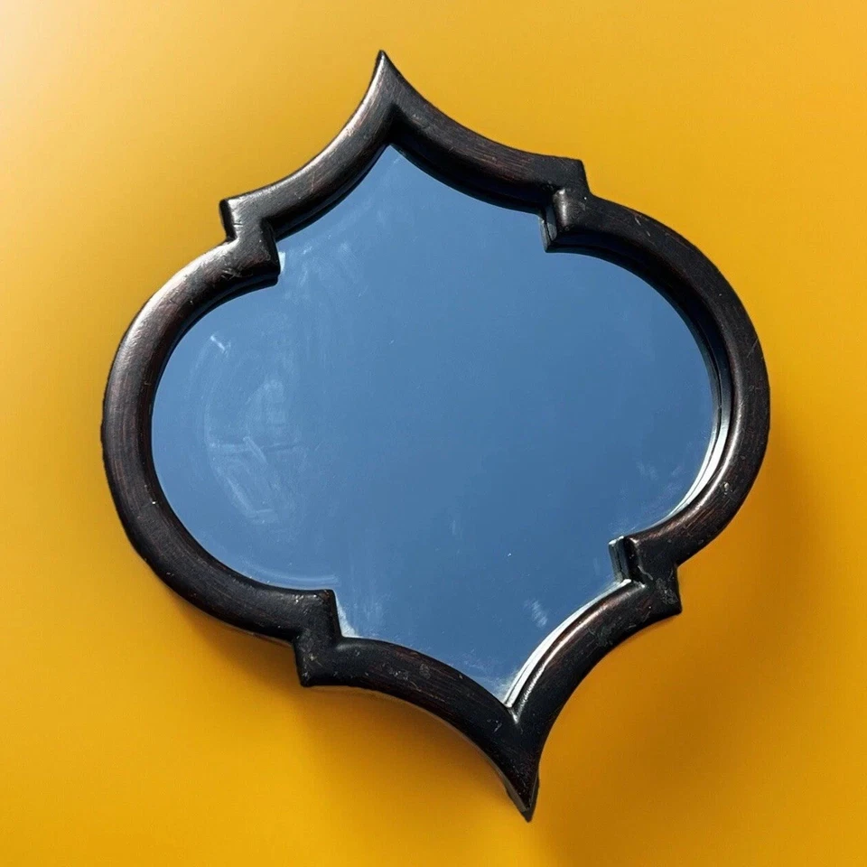 Vintage Moroccan Quatrefoil Wall Mirror Black Wood Moorish Style 23”x20” - Image 2 of 4