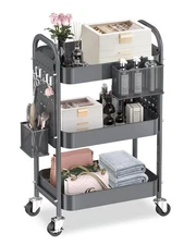 3 Tier Rolling Cart with DIY Pegboards Metal Utility Wheels Handles Baskets