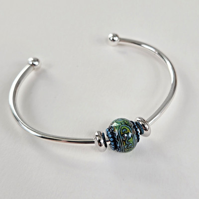 Silver & Bead Open Cuff, Stacking Layering Bangle