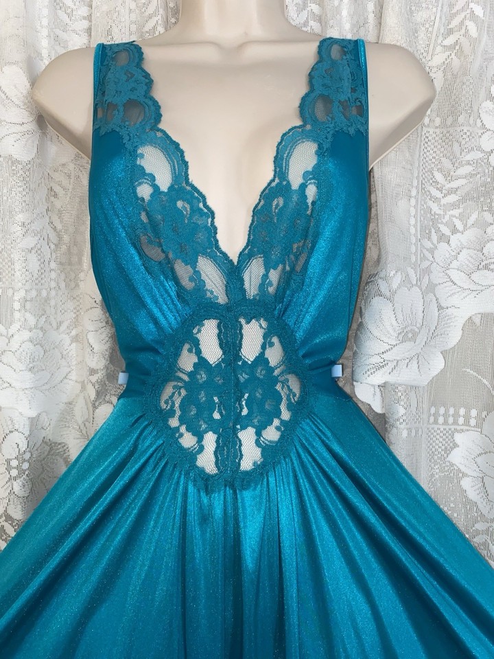 Neglisge VTG L XL ADONNA TEAL SILKY SOFT Full Swp Nightgown Negligee Gown as ...