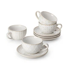 6 OZ Cappuccino Cups with Saucers Set of 4 - Ceramic Stackable Tea Cups and S...