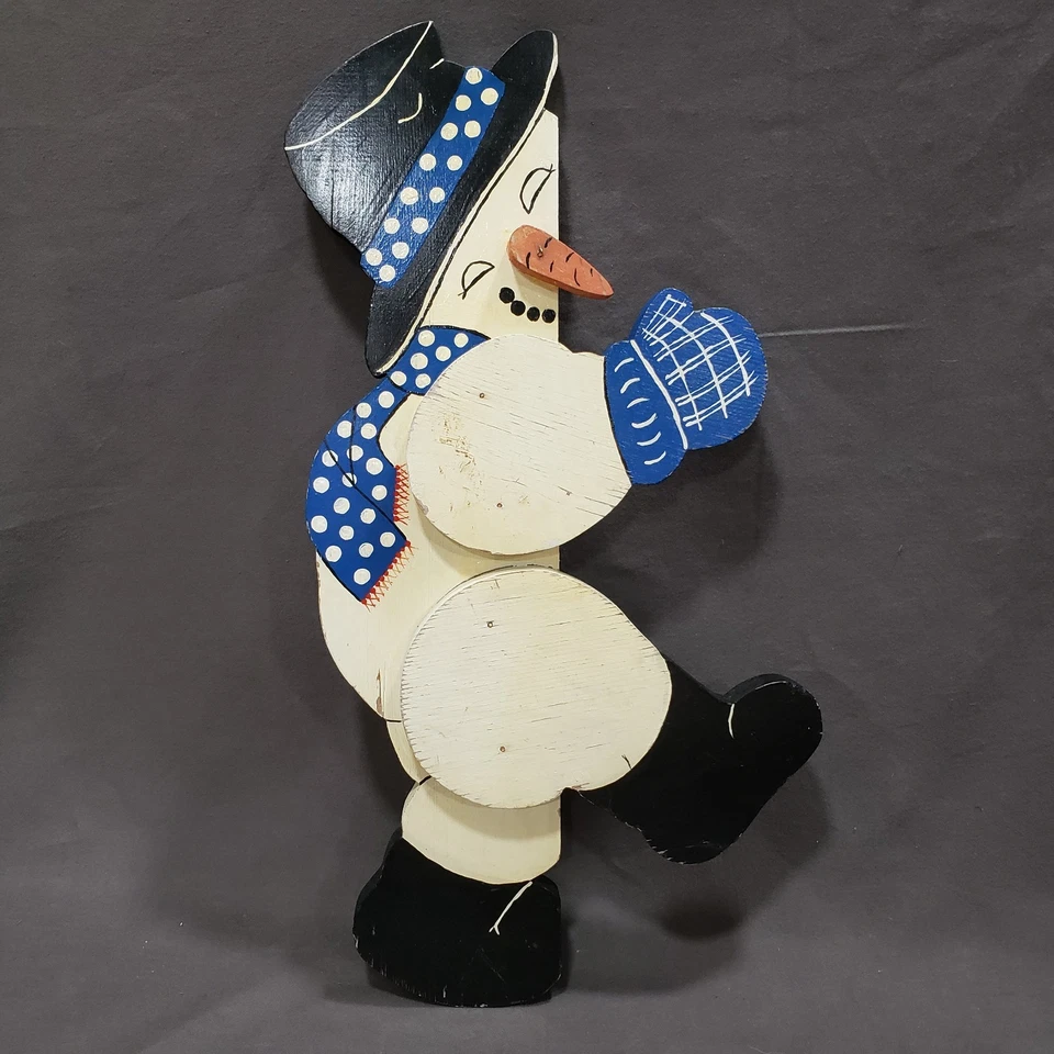 Muñeco de nieve de madera de colección patio porche árbol abrazador pintado a mano rústico folclórico decoración de invierno Foto 2 de 4