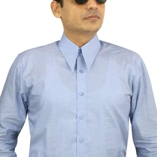 Mens 1970s Vintage Revival Spear Point Dagger Collar Blue Fil-a-Fil Cotton Shirt