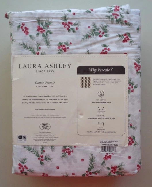 Juego de Sábanas Laura Ashley Algodón Percal KING Rojo Baya Brillante Navidad Vacaciones N Foto 3 de 4