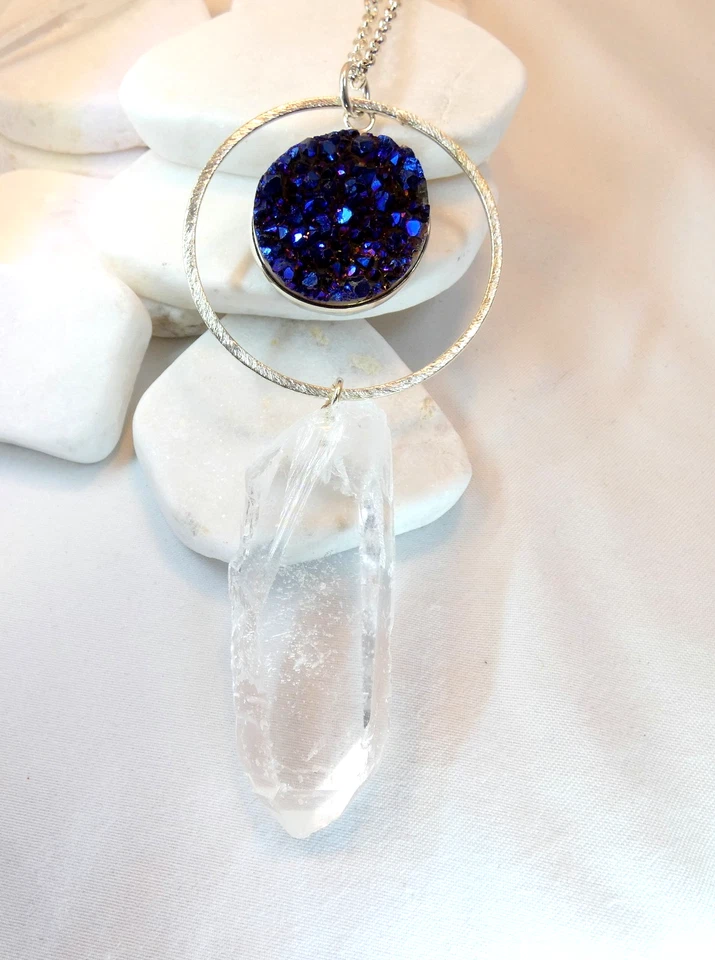 Ожерелье серебряное кварцевое острое из натурального горного хрусталя титана синего кварца - Изображение 2 из 4