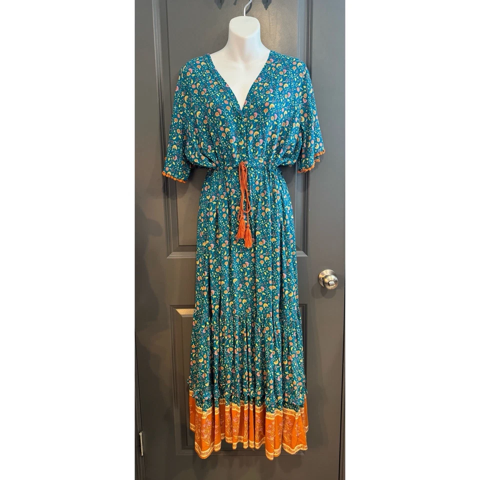 R. Vivimos Women’s Summer Cotton Short Sleeve V Neck Floral Print Long Dress - Image 4 of 4