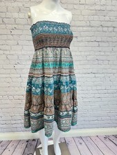 Vintage Mudd Womens Brown Blue Strapless Paisley Floral Y2K COTTON Dress Sz XS