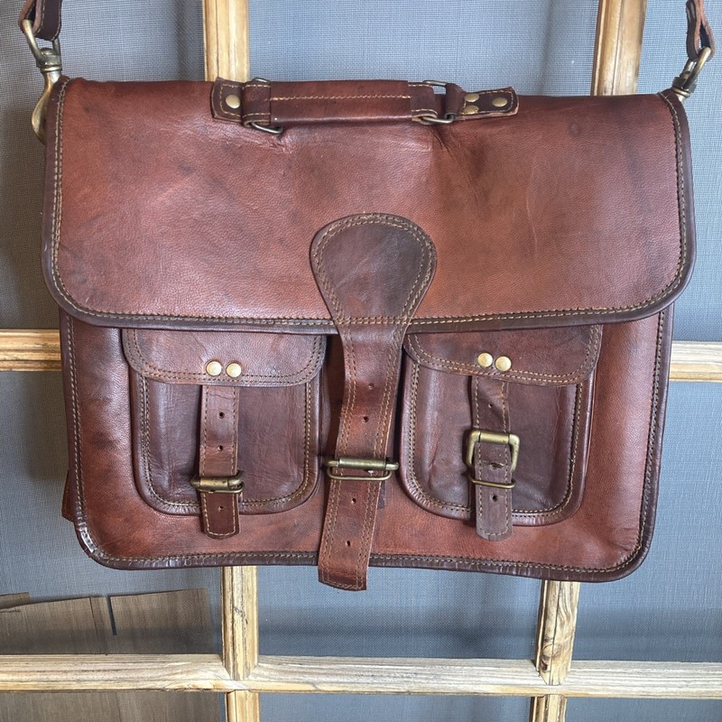 Vintage Brown Leather Messenger Bag Satchel Shoulder Strap  15x13x5 inch