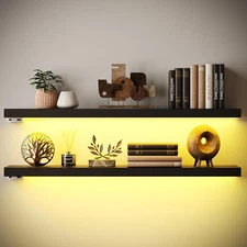 Black Floating Shelves with LED, 31" Sturdy Wood Wall Shelves with Invisible Bra