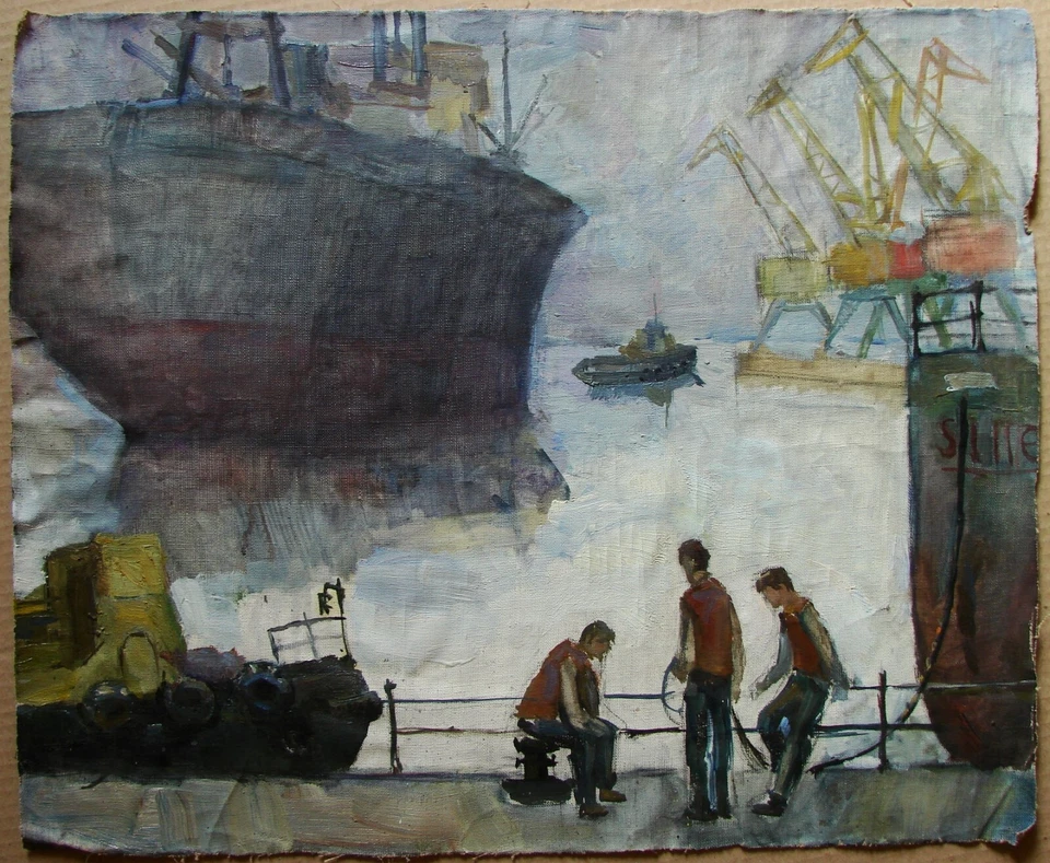 Pintura a óleo soviética ucraniana impressionismo industrial paisagem marítima navios trabalhadores - Imagem 2 de 4