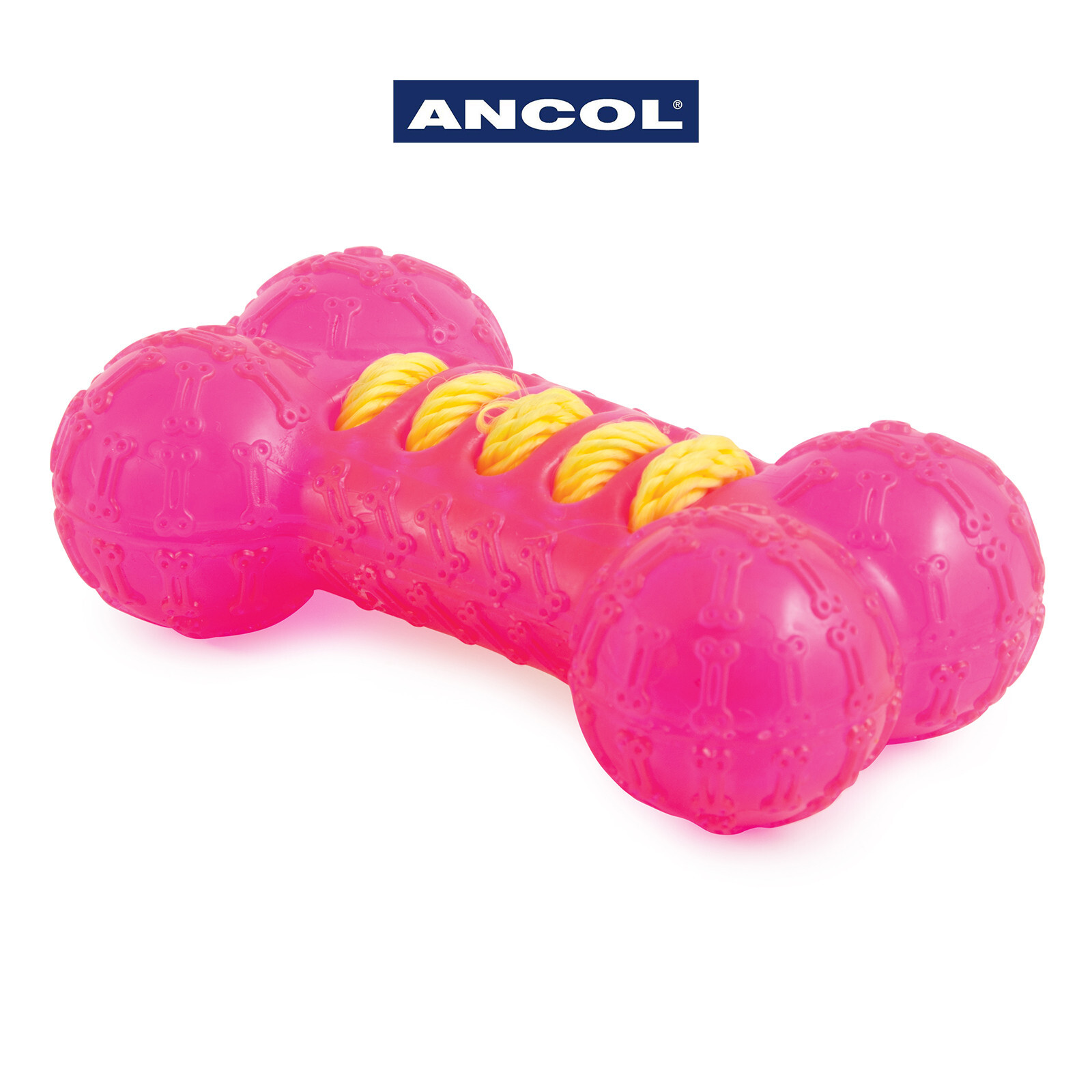 Dog Toy Pink Bone with Yellow Rope detail Ancol Small Bite Puppy or Small Dog