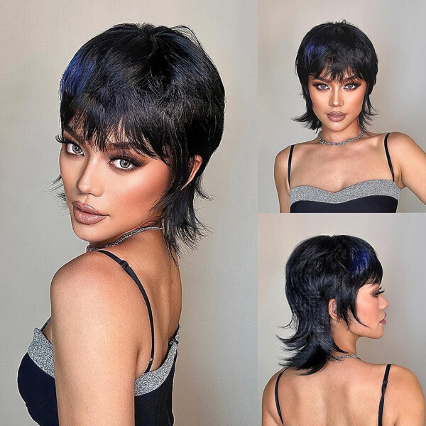 Short Black Blue Wigs Layered Mullet Wig Pixie Cut Wig