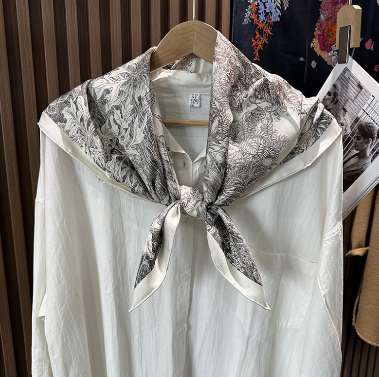 Pure 18 Momme Twill Silk Bandanna Scarf Wrap arboretum Print Square Shawl 35''