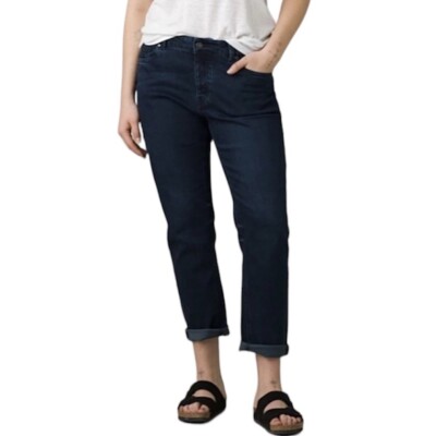 New Prana Mid Rise Slim Boyfriend Jeans Buxton Deep Blue Stretch Denim Size 10