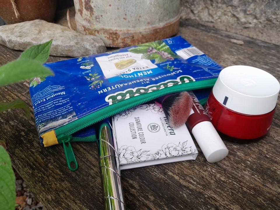 Candy Wrapper Zipper Pouch Upcycled RICOLA Bag, Handmade Mint, Lined