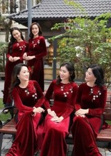 Red VELVET Ao Dai Vietnamese Long Dress With Pants - FAST PRIORITY SHIPPING