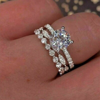 3.00CT Round Simulated Diamond Engagement Trio Ring Set Real Silver Gold Plated