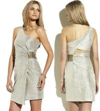 Laundry Shelli Segal One Shoulder Crinkled Metallic Foil Cutout Dress 10 $285