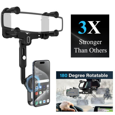 Magnetic Car Phone Holder 360° Rotation RearView Mirror Mount for iPhone Samsung