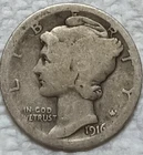 1916-S Mercury 90% Silver Dime. Rare / Key Date / Worn, But Good Cond. Good Fill