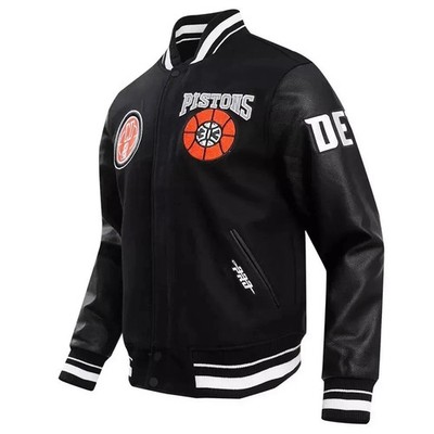 2023/24 Detroit Pistons Varsity Jacket Black Wool/Real Leather Bomber Style Coat