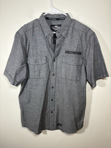 Harley Davidson Mechanic Shirt Mens L Grey Black Button Short Sleeve Garage Work