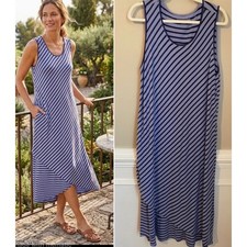 Soft Surroundings Size L Blue Striped Sleeveless Knit Maxi Dress Layered Hem