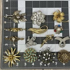 VTG Costume Jewelry Brooch Lot Of 14, Rhinestones Gold Tone Victorian Art Deco