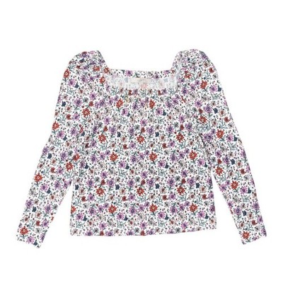 Loft Purple Floral Square Neck Blouse Polyester Long Sleeve Size S Top
