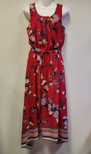 Apt. 9 Maxi Dress M Red Floral Coastal Boho Nautical Tie Flowy Pleats Wedding