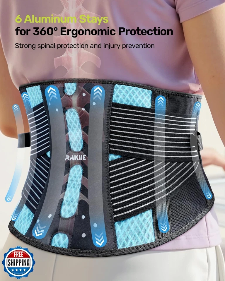 Rakiie тонкий задний бандаж, 6 X металлический нижней части спины поддержки для мужчин женщин, легкий вес - Изображение 2 из 4