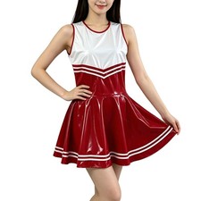 Shiny PVC Leather Mini Dress Sexy Sleeveless Patchwork Round Neck A-line Dress