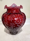 Vintage Fenton Cranberry Pink Daisy and Fern Pattern Glass Opalescent Vase