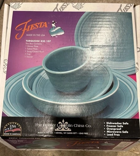 New Fiesta Turquoise 5 Pc Place Setting Dinner Salad Plate Soup Cereal Bowl Cup
