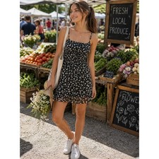 Urban Outfitters Black Daisy Floral Smocked Mini Dress Ruffle Hem Size M FD5532