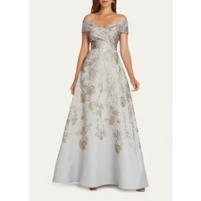 Teri Jon Off The Shoulder Metallic Jacquard A Line Gown Size 14 Silver Gold