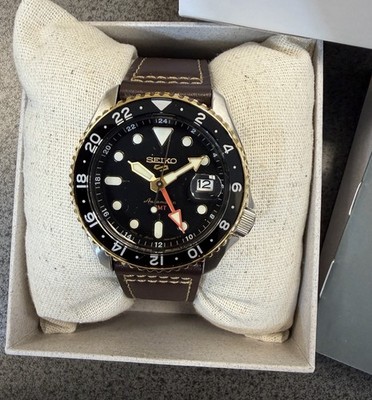 Seiko 5 Sports Automatic GMT Leather Band Black Dial Watch SSK036