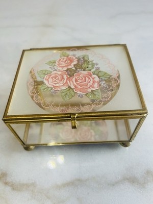 Vintage Brass & Glass Jewelry Box w/ Mirrored Bottom Floral Rose Trinket Vanity